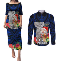 Custom Guam Christmas Couples Matching Puletasi Dress and Long Sleeve Button Shirt Santa Gift Latte Stone and Sea Turle Mix Hibiscus Chamorro Blue Style LT03