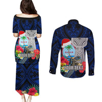 Custom Guam Christmas Couples Matching Puletasi Dress and Long Sleeve Button Shirt Santa Gift Latte Stone and Sea Turle Mix Hibiscus Chamorro Blue Style LT03 - Polynesian Pride