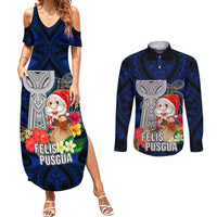 Custom Guam Christmas Couples Matching Summer Maxi Dress and Long Sleeve Button Shirt Santa Gift Latte Stone and Sea Turle Mix Hibiscus Chamorro Blue Style LT03 Blue - Polynesian Pride