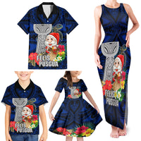 Custom Guam Christmas Family Matching Tank Maxi Dress and Hawaiian Shirt Santa Gift Latte Stone and Sea Turle Mix Hibiscus Chamorro Blue Style LT03 - Polynesian Pride