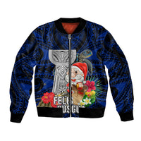 Custom Guam Christmas Sleeve Zip Bomber Jacket Santa Gift Latte Stone and Sea Turle Mix Hibiscus Chamorro Blue Style LT03