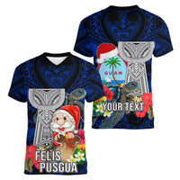 Custom Guam Christmas Women V Neck T Shirt Santa Gift Latte Stone and Sea Turle Mix Hibiscus Chamorro Blue Style LT03