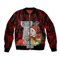 Guam Christmas Bomber Jacket Santa Gift Latte Stone and Sea Turle Mix Hibiscus Chamorro Red Style LT03
