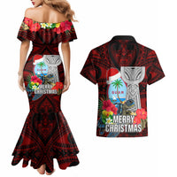Guam Christmas Couples Matching Mermaid Dress and Hawaiian Shirt Santa Gift Latte Stone and Sea Turle Mix Hibiscus Chamorro Red Style LT03 - Polynesian Pride
