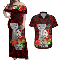 Guam Christmas Couples Matching Off Shoulder Maxi Dress and Hawaiian Shirt Santa Gift Latte Stone and Sea Turle Mix Hibiscus Chamorro Red Style LT03 Red - Polynesian Pride