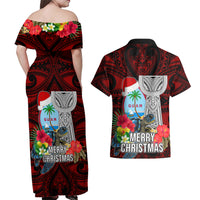 Guam Christmas Couples Matching Off Shoulder Maxi Dress and Hawaiian Shirt Santa Gift Latte Stone and Sea Turle Mix Hibiscus Chamorro Red Style LT03 - Polynesian Pride