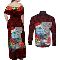 Guam Christmas Couples Matching Off Shoulder Maxi Dress and Long Sleeve Button Shirt Santa Gift Latte Stone and Sea Turle Mix Hibiscus Chamorro Red Style LT03 - Polynesian Pride