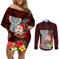 Guam Christmas Couples Matching Off Shoulder Short Dress and Long Sleeve Button Shirt Santa Gift Latte Stone and Sea Turle Mix Hibiscus Chamorro Red Style LT03 Red - Polynesian Pride