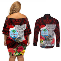 Guam Christmas Couples Matching Off Shoulder Short Dress and Long Sleeve Button Shirt Santa Gift Latte Stone and Sea Turle Mix Hibiscus Chamorro Red Style LT03 - Polynesian Pride