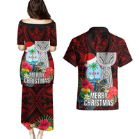 Guam Christmas Couples Matching Puletasi Dress and Hawaiian Shirt Santa Gift Latte Stone and Sea Turle Mix Hibiscus Chamorro Red Style LT03 - Polynesian Pride