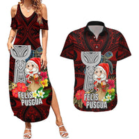 Guam Christmas Couples Matching Summer Maxi Dress and Hawaiian Shirt Santa Gift Latte Stone and Sea Turle Mix Hibiscus Chamorro Red Style LT03 Red - Polynesian Pride