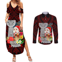 Guam Christmas Couples Matching Summer Maxi Dress and Long Sleeve Button Shirt Santa Gift Latte Stone and Sea Turle Mix Hibiscus Chamorro Red Style LT03 Red - Polynesian Pride