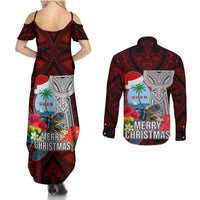 Guam Christmas Couples Matching Summer Maxi Dress and Long Sleeve Button Shirt Santa Gift Latte Stone and Sea Turle Mix Hibiscus Chamorro Red Style LT03 - Polynesian Pride