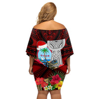 Guam Christmas Family Matching Off Shoulder Short Dress and Hawaiian Shirt Santa Gift Latte Stone and Sea Turle Mix Hibiscus Chamorro Red Style LT03 - Polynesian Pride