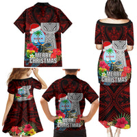 Guam Christmas Family Matching Puletasi Dress and Hawaiian Shirt Santa Gift Latte Stone and Sea Turle Mix Hibiscus Chamorro Red Style LT03 - Polynesian Pride