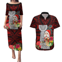 Custom Guam Christmas Couples Matching Puletasi Dress and Hawaiian Shirt Santa Gift Latte Stone and Sea Turle Mix Hibiscus Chamorro Red Style LT03