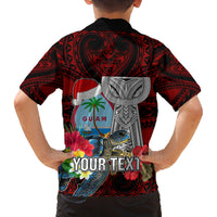 Custom Guam Christmas Family Matching Off Shoulder Short Dress and Hawaiian Shirt Santa Gift Latte Stone and Sea Turle Mix Hibiscus Chamorro Red Style LT03 - Polynesian Pride