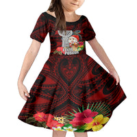 Custom Guam Christmas Family Matching Off Shoulder Short Dress and Hawaiian Shirt Santa Gift Latte Stone and Sea Turle Mix Hibiscus Chamorro Red Style LT03 Daughter's Dress Red - Polynesian Pride