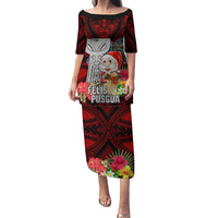 Custom Guam Christmas Family Matching Puletasi Dress and Hawaiian Shirt Santa Gift Latte Stone and Sea Turle Mix Hibiscus Chamorro Red Style LT03 Mom's Dress Red - Polynesian Pride