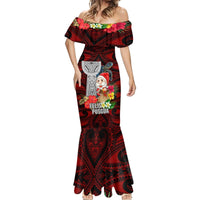 Custom Guam Christmas Mermaid Dress Santa Gift Latte Stone and Sea Turle Mix Hibiscus Chamorro Red Style LT03 - Polynesian Pride