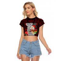 Custom Guam Christmas Raglan Cropped T Shirt Santa Gift Latte Stone and Sea Turle Mix Hibiscus Chamorro Red Style LT03