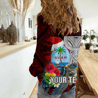 Custom Guam Christmas Women Casual Shirt Santa Gift Latte Stone and Sea Turle Mix Hibiscus Chamorro Red Style LT03 - Polynesian Pride