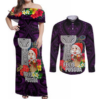 Guam Christmas Couples Matching Off Shoulder Maxi Dress and Long Sleeve Button Shirt Santa Gift Latte Stone and Sea Turle Mix Hibiscus Chamorro Pink Style LT03 Pink - Polynesian Pride