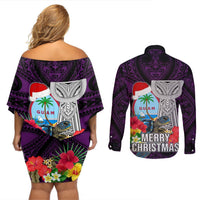 Guam Christmas Couples Matching Off Shoulder Short Dress and Long Sleeve Button Shirt Santa Gift Latte Stone and Sea Turle Mix Hibiscus Chamorro Pink Style LT03 - Polynesian Pride