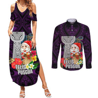 Guam Christmas Couples Matching Summer Maxi Dress and Long Sleeve Button Shirt Santa Gift Latte Stone and Sea Turle Mix Hibiscus Chamorro Pink Style LT03 Pink - Polynesian Pride