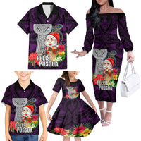 Guam Christmas Family Matching Off Shoulder Long Sleeve Dress and Hawaiian Shirt Santa Gift Latte Stone and Sea Turle Mix Hibiscus Chamorro Pink Style LT03 - Polynesian Pride