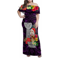 Guam Christmas Family Matching Off Shoulder Maxi Dress and Hawaiian Shirt Santa Gift Latte Stone and Sea Turle Mix Hibiscus Chamorro Pink Style LT03 Mom's Dress Pink - Polynesian Pride