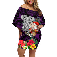 Guam Christmas Off Shoulder Short Dress Santa Gift Latte Stone and Sea Turle Mix Hibiscus Chamorro Pink Style LT03 Women Pink - Polynesian Pride