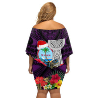 Guam Christmas Off Shoulder Short Dress Santa Gift Latte Stone and Sea Turle Mix Hibiscus Chamorro Pink Style LT03 - Polynesian Pride