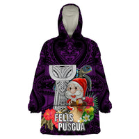 Guam Christmas Wearable Blanket Hoodie Santa Gift Latte Stone and Sea Turle Mix Hibiscus Chamorro Pink Style LT03 One Size Pink - Polynesian Pride