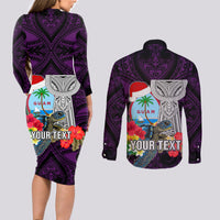 Custom Guam Christmas Couples Matching Long Sleeve Bodycon Dress and Long Sleeve Button Shirt Santa Gift Latte Stone and Sea Turle Mix Hibiscus Chamorro Pink Style LT03