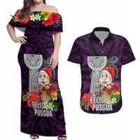 Custom Guam Christmas Couples Matching Off Shoulder Maxi Dress and Hawaiian Shirt Santa Gift Latte Stone and Sea Turle Mix Hibiscus Chamorro Pink Style LT03 Pink - Polynesian Pride