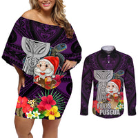 Custom Guam Christmas Couples Matching Off Shoulder Short Dress and Long Sleeve Button Shirt Santa Gift Latte Stone and Sea Turle Mix Hibiscus Chamorro Pink Style LT03 Pink - Polynesian Pride