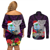 Custom Guam Christmas Couples Matching Off Shoulder Short Dress and Long Sleeve Button Shirt Santa Gift Latte Stone and Sea Turle Mix Hibiscus Chamorro Pink Style LT03 - Polynesian Pride