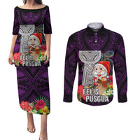Custom Guam Christmas Couples Matching Puletasi Dress and Long Sleeve Button Shirt Santa Gift Latte Stone and Sea Turle Mix Hibiscus Chamorro Pink Style LT03 Pink - Polynesian Pride