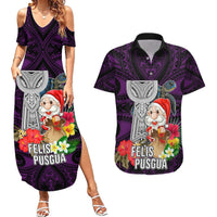 Custom Guam Christmas Couples Matching Summer Maxi Dress and Hawaiian Shirt Santa Gift Latte Stone and Sea Turle Mix Hibiscus Chamorro Pink Style LT03 Pink - Polynesian Pride