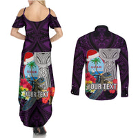 Custom Guam Christmas Couples Matching Summer Maxi Dress and Long Sleeve Button Shirt Santa Gift Latte Stone and Sea Turle Mix Hibiscus Chamorro Pink Style LT03 - Polynesian Pride