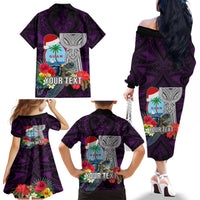 Custom Guam Christmas Family Matching Off Shoulder Long Sleeve Dress and Hawaiian Shirt Santa Gift Latte Stone and Sea Turle Mix Hibiscus Chamorro Pink Style LT03 - Polynesian Pride
