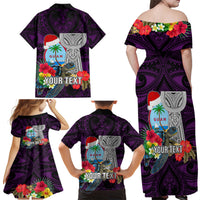 Custom Guam Christmas Family Matching Off Shoulder Maxi Dress and Hawaiian Shirt Santa Gift Latte Stone and Sea Turle Mix Hibiscus Chamorro Pink Style LT03 - Polynesian Pride