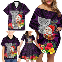 Custom Guam Christmas Family Matching Off Shoulder Short Dress and Hawaiian Shirt Santa Gift Latte Stone and Sea Turle Mix Hibiscus Chamorro Pink Style LT03 - Polynesian Pride