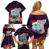 Custom Guam Christmas Family Matching Off Shoulder Short Dress and Hawaiian Shirt Santa Gift Latte Stone and Sea Turle Mix Hibiscus Chamorro Pink Style LT03 - Polynesian Pride