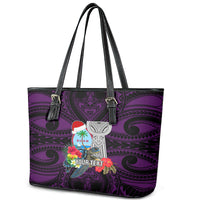 Custom Guam Christmas Leather Tote Bag Santa Gift Latte Stone and Sea Turle Mix Hibiscus Chamorro Pink Style LT03