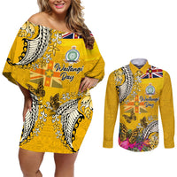 Niue Waitangi Couples Matching Off Shoulder Short Dress and Long Sleeve Button Shirt Tropical Flower Tapa Pattern LT03 Yellow - Polynesian Pride