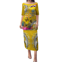 Niue Waitangi Family Matching Puletasi and Hawaiian Shirt Tropical Flower Tapa Pattern LT03 Mom's Dress Yellow - Polynesian Pride