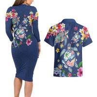 Hawaiian Turtles and Tropical Plants Couples Matching Long Sleeve Bodycon Dress and Hawaiian Shirt Blue Watercolor LT03 - Polynesian Pride