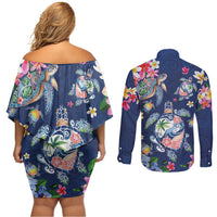 Hawaiian Turtles and Tropical Plants Couples Matching Off Shoulder Short Dress and Long Sleeve Button Shirt Blue Watercolor